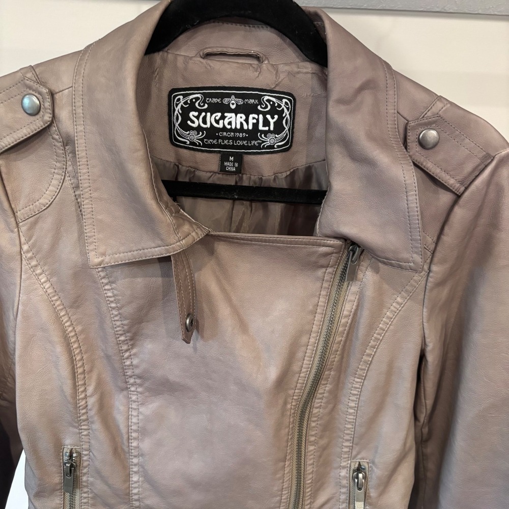 Sugarfly Moto Jacket Faux Leather Biker Full Zip Gray Size M
